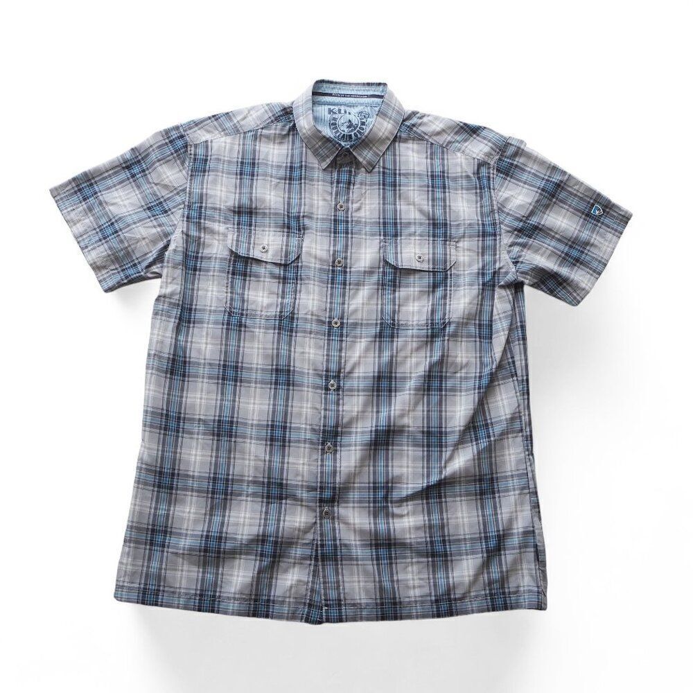 Kuhl Response Short‎ Sleeve Button Down Plaid Shirt Grey / Blue Men's Large (L)